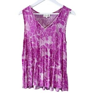 Cynthia Rowley Purple Floral Tiered Babydoll Tank Top V-Neck Tie Sleeveless M